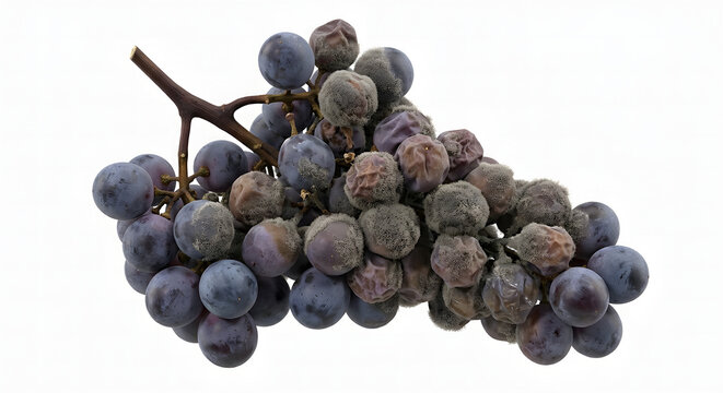 Scientific 3D Render of Botrytis Cinerea Gray Mold Infection on a Grape Cluster Isolated on White Background