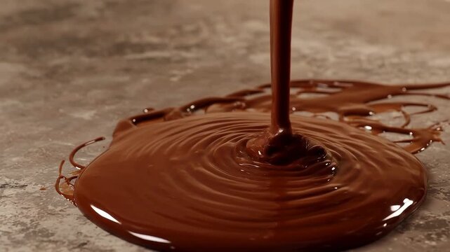 Melted chocolate being poured onto a surface, creating ripples and spreading patterns