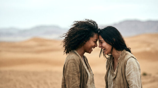 Two affectionate women resting foreheads together among rolling sand dunes in soft light