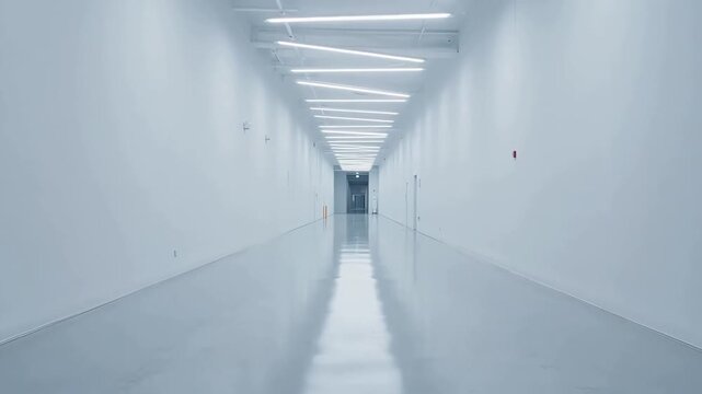 Long empty corridor with white walls and reflective floor in a modern building