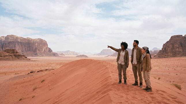Multiracial friends standing on red sand ridge pointing across vast desert valley on adventure
