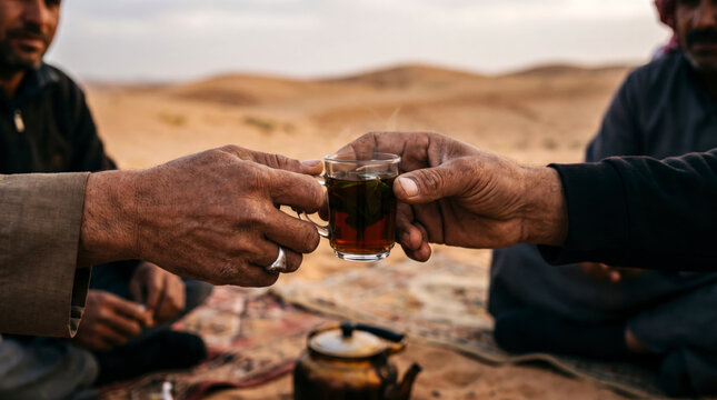 Weathered hands sharing glass of tea over rug in desert bedouin camp at fading daylight