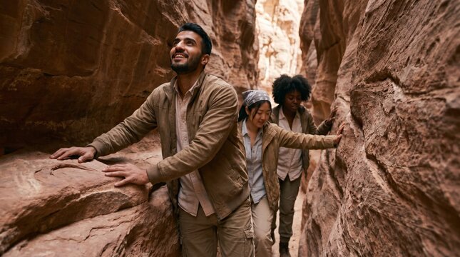 Multiracial friends exploring narrow winding slot canyon between towering sandstone rock walls