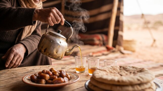 Local man pouring mint tea beside dates and bread in traditional desert bedouin tent camp
