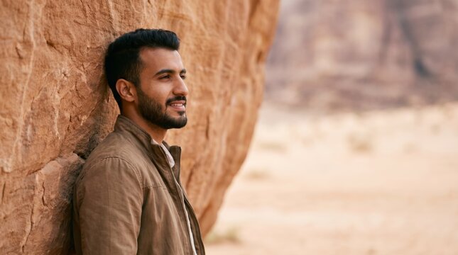 Contemplative young man leaning on warm sandstone rock in open desert during solo journey