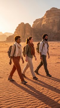 Three friends walking across sunlit desert sand casting long shadows on adventure journey