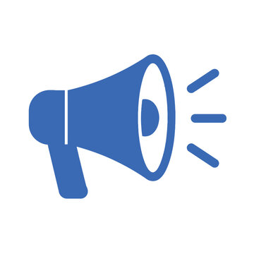 Simple blue megaphone icon broadcasting sound waves, communication symbol for announcement or promotion