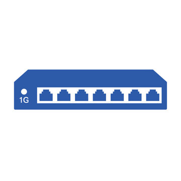 Simple blue network switch with seven ports, digital connection device, IT infrastructure icon