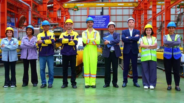 Group of industrial workers in safety gear proudly standing together in a factory environment showcasing teamwork and dedication