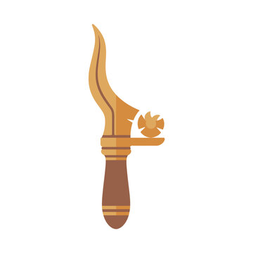 Stylized golden kris dagger with ornate hilt, Indonesian weapon symbol, cultural artifact