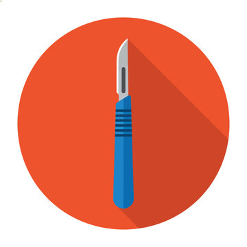 Surgeon's scalpel tool with blue handle inside a red circle, representing medical surgery and precise instruments