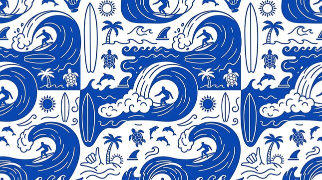 Seamless blue and white pattern with surfing and ocean elements