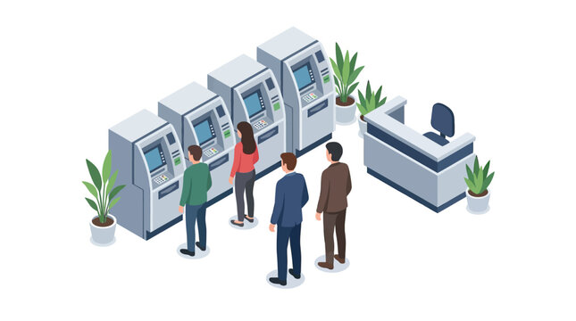 Isometric Illustration of People Queuing and Using ATM Machines