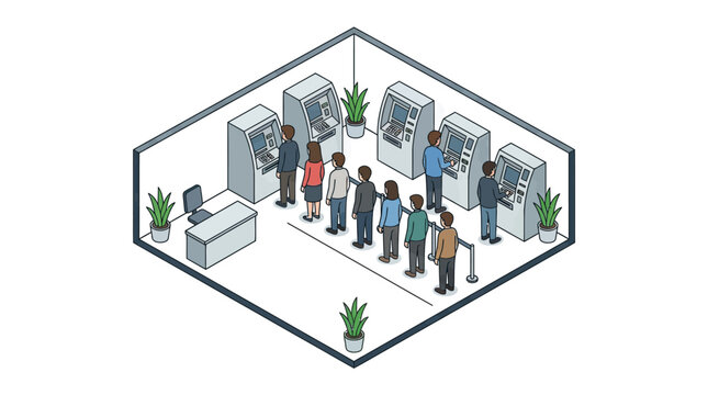 Isometric illustration of people queuing to use bank ATM machines