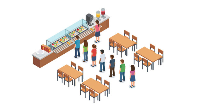 Isometric Illustration of People Queuing at a Cafeteria Food Counter