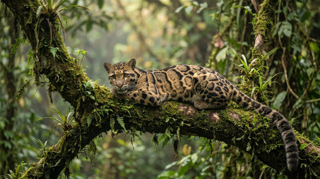 Clouded leopard resting on a mossy tree branch in a lush tropical forest