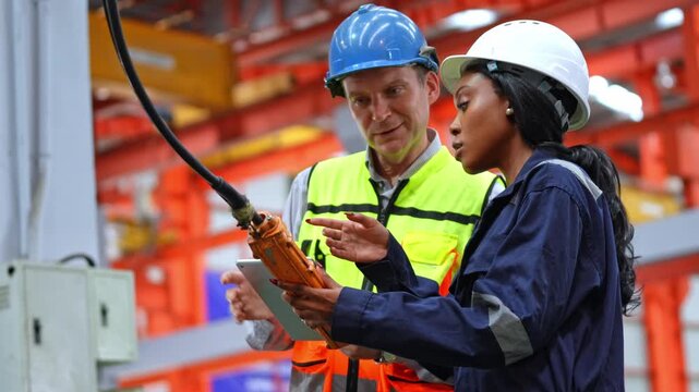 Two construction workers collaborating on project in industrial setting discussing equipment and safety procedures