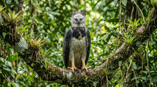 Harpy eagle staring into camera while perched on a branch in the rainforest