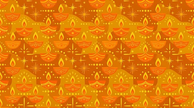 Seamless pattern of festive orange diya lamps with flames