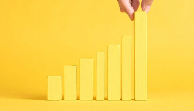 Growth chart blocks rising hand placing tallest bar progress