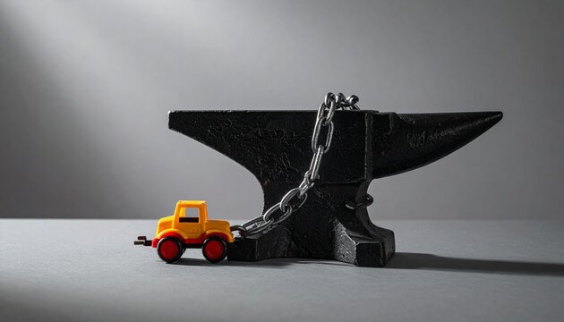 Toy truck pulling heavy black anvil with metal chain attached