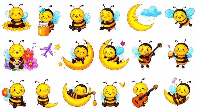 Cute cartoon bees playing, flying, and resting on crescent moons
