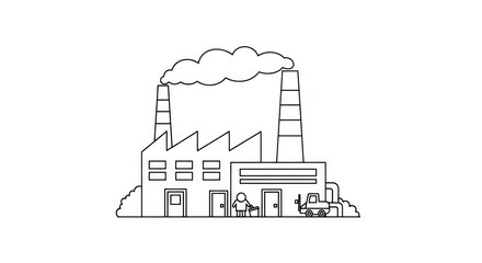 Obraz premium Industrial factory building with smoke stacks in line art
