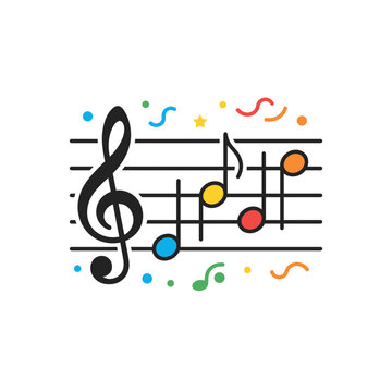 Colorful musical notes on staff with confetti, treble clef, creative music concept