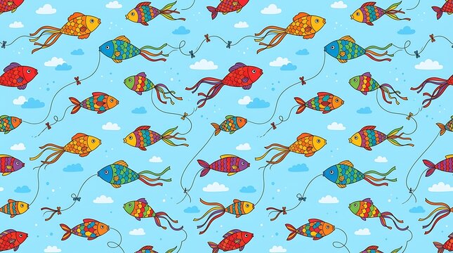 Seamless pattern of colorful fish kites soaring in a blue sky