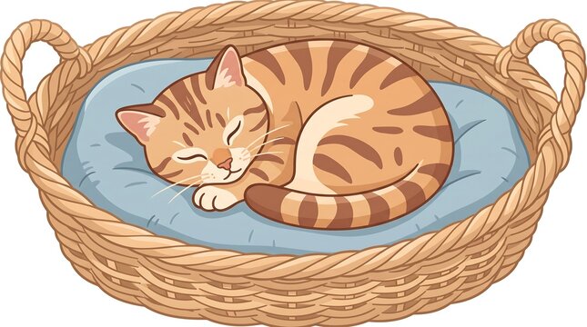 Cute sleeping orange tabby cat curled up on a blue cushion in a wicker basket vector illustration