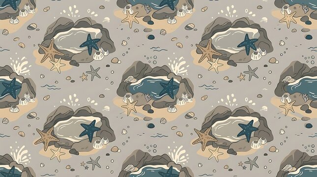 Coastal seamless pattern with starfish and tide pools on sandy beach