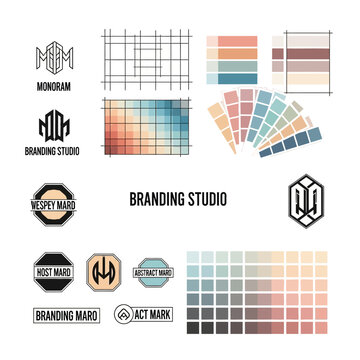 Branding studio identity kit vector illustration with logos geometric monograms color palettes and design grid elements