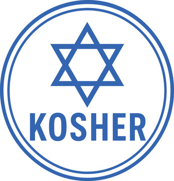 Kosher food certification stamp with Star of David, blue circular dietary label for product packaging, Jewish religious law compliance icon
