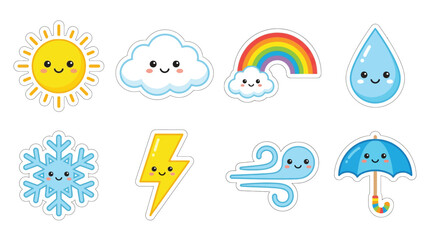 Obraz premium Cute Weather Icons Featuring Sun, Cloud, Rainbow, Raindrop, Snowflake, Lightning, Wind, and Umbrella.
