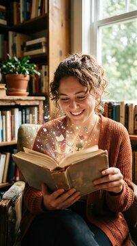 Woman reading magic book in library for National Book Lovers Day. Imagination and fantasy literature concept. Student enjoying stories with glowing icons emerging from pages at home.
