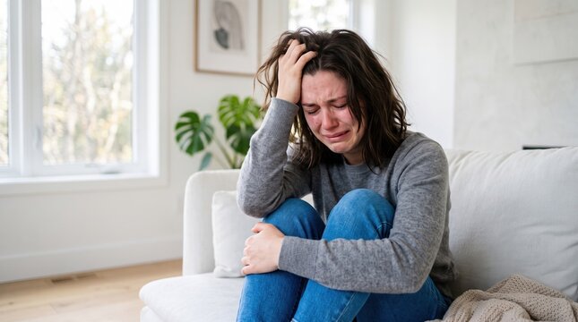 Sad woman sitting on a couch crying and holding her head in distress with distress depression emotional struggle