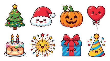 Fototapeta premium Set of cute kawaii holiday and celebration icons with smiling faces for festive designs.