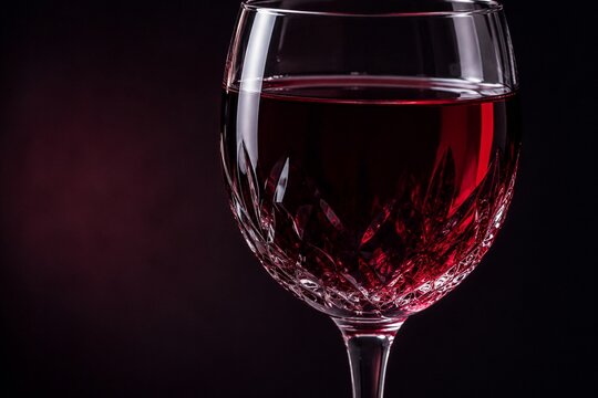 Crystal glass filled with red wine, light creating jewel-like reflections.