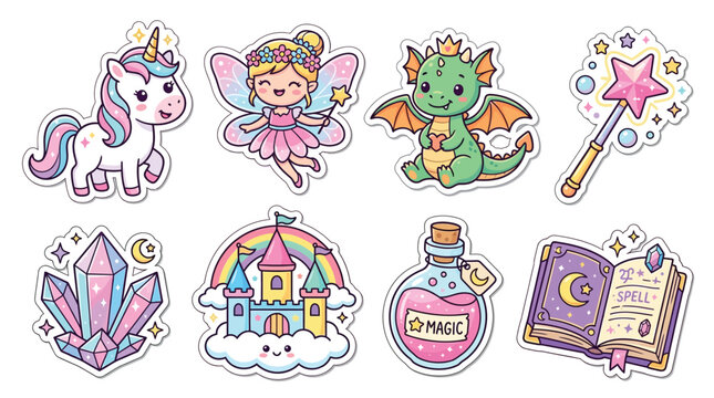 Set of cute magical fantasy stickers featuring unicorn fairy dragon castle and spell book.
