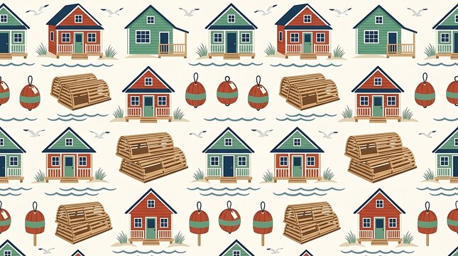 Seamless nautical pattern with beach cabins and lobster traps