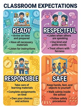 Educational classroom expectations poster with student illustrations