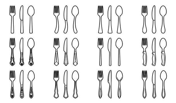 Fork Knife Spoon Cutlery Sets Vintage And Modern Handle Styles Line Art Vector Illustration Set On White Background