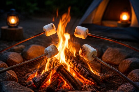 Campfire with roasting marshmallows, warm firelight in outdoor setting.