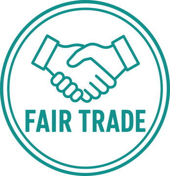 Fair trade certification seal with handshake icon, teal green circular badge for ethical business, sustainable commerce and social responsibility vector