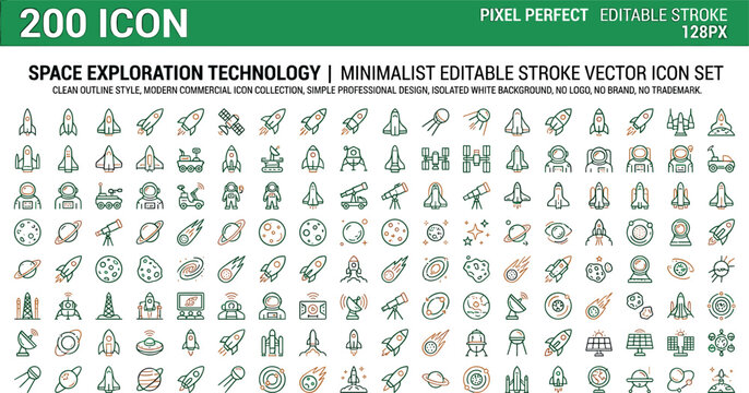 Space exploration technology line icon set rocket launch astronaut satellite planet rover telescope galaxy astronomy universe vector graphic.