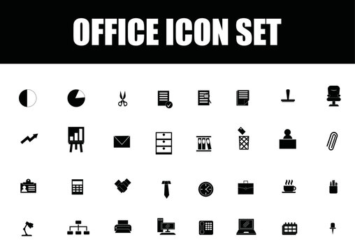 Conjunto de iconos de oficina. Ilustraci&oacute;n con estilo minimalista en blanco y negro. S&iacute;mbolos y objetos corporativos. Vector para folleto, sitio web, app y otros.