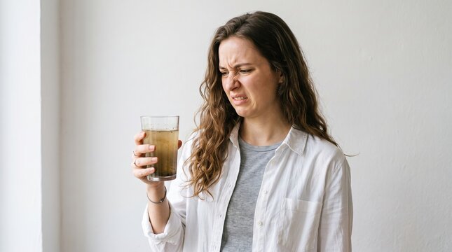 Young woman holding a glass with suspicious drink making a disgusted face disgusted suspicious beverage distrust