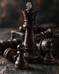 Fototapeta premium A king chess piece is positioned upright surrounded by scattered pawns. This scene highlights the theme of mental strength and perseverance.