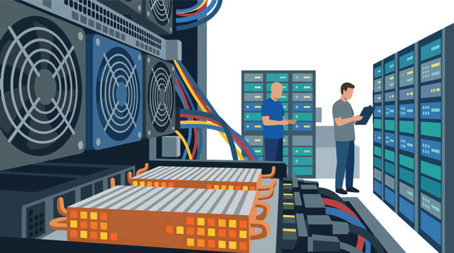 Data center server farm maintenance flat vector illustration for it network infrastructure