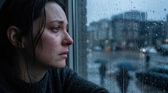 Sad woman looking through window during rainy day with depression melancholy loneliness contemplation thoughtful